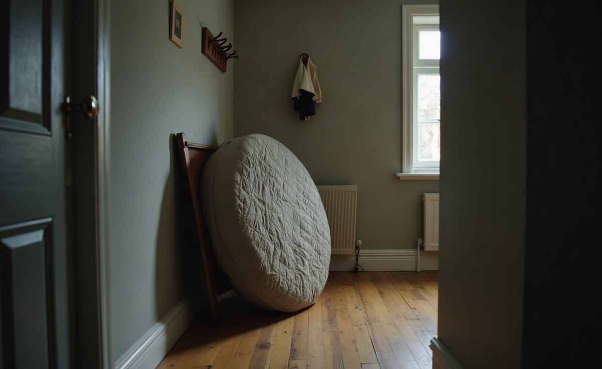 A folding dining table leaning closed against a hallway wall in its quilted cover, lit by low December light, with empty coat hooks on the wall above it.