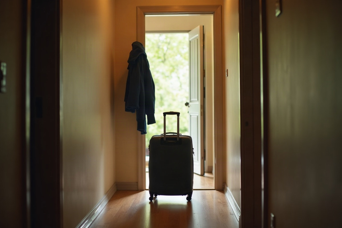 A wheeled suitcase standing in a home hallway near a doorway with warm natural light