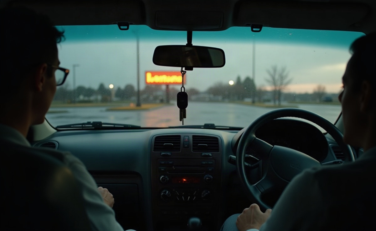 A car interior at dusk with keys still in the ignition, rain on the windshield and a single lit sign in a parking lot beyond.