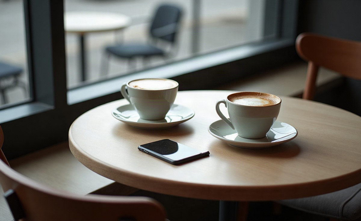 Two coffee cups on a cafe table, one finished and one barely touched, a phone face down between them in grey daylight.