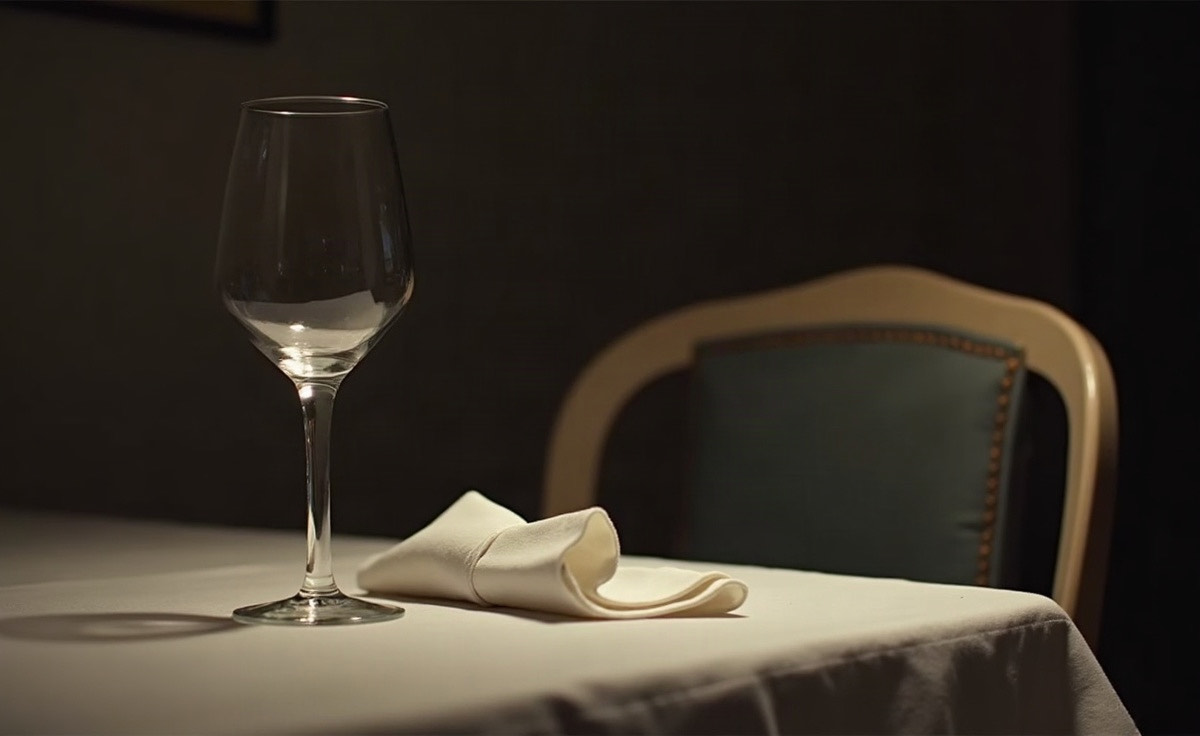 A cleared dinner table after guests have left, one wine glass half full and a crumpled napkin beside a chair pushed back at an angle.