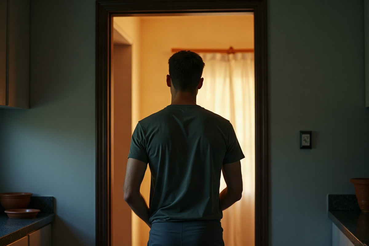 A man stands in a kitchen doorway with his back to the camera, caught between two rooms with different lighting, his posture suggesting hesitation.