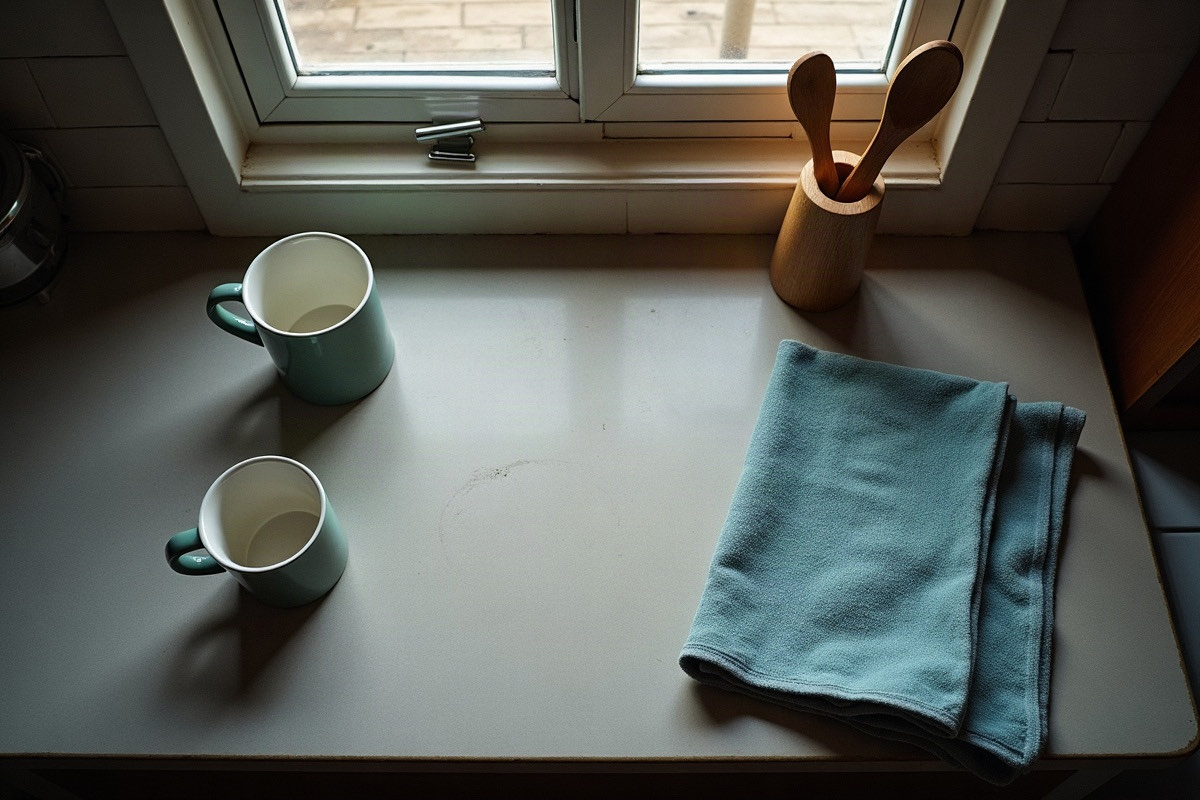 A kitchen counter photographed from above showing everyday objects—mugs, utensils, a folded towel—arranged in a way that suggests someone else has reorganized them, with faint dust marks and gaps indicating where things used to be.