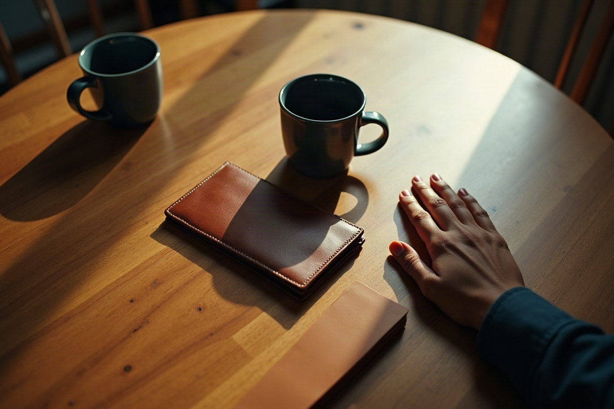 An overhead view of a kitchen table with two empty coffee mugs pushed aside and a closed wallet in the center, one hand resting tensely at the table's edge.