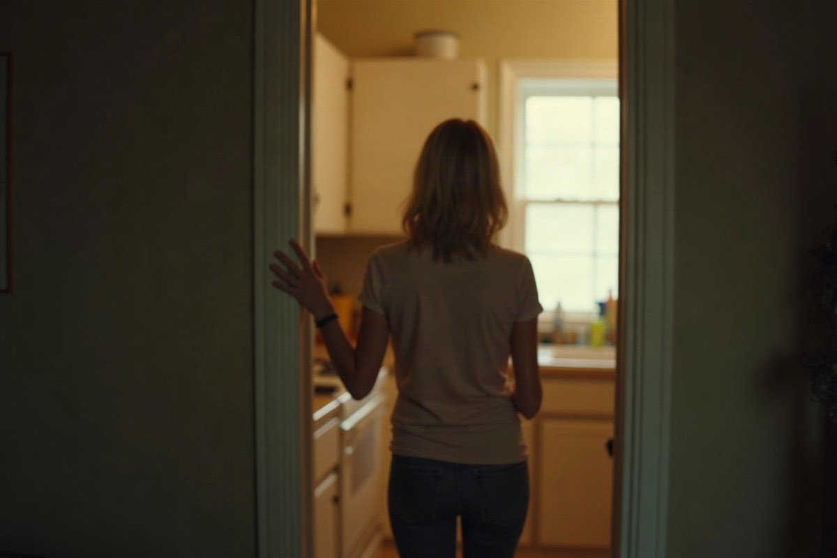 A hand resting on a doorframe between two rooms, one dim and one lit, suggesting a threshold or boundary.