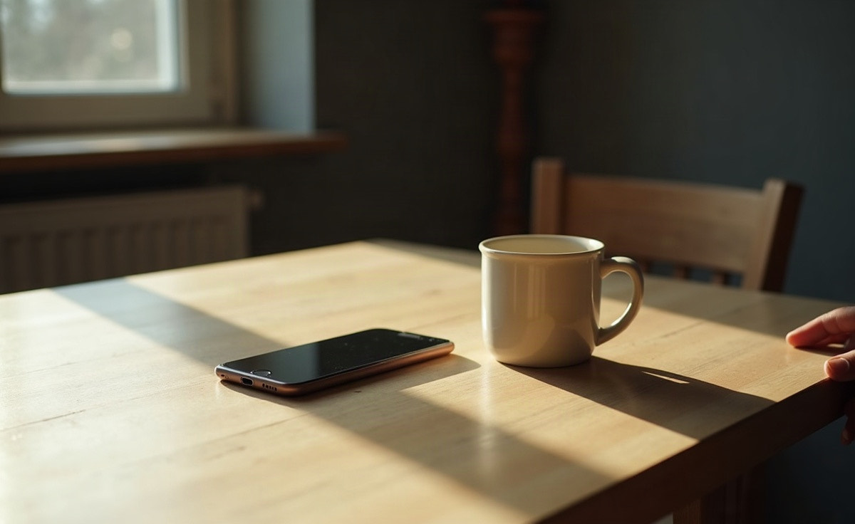 A phone lying face up on a kitchen table beside a cold cup of tea, a woman's hand resting flat next to it in early morning light.