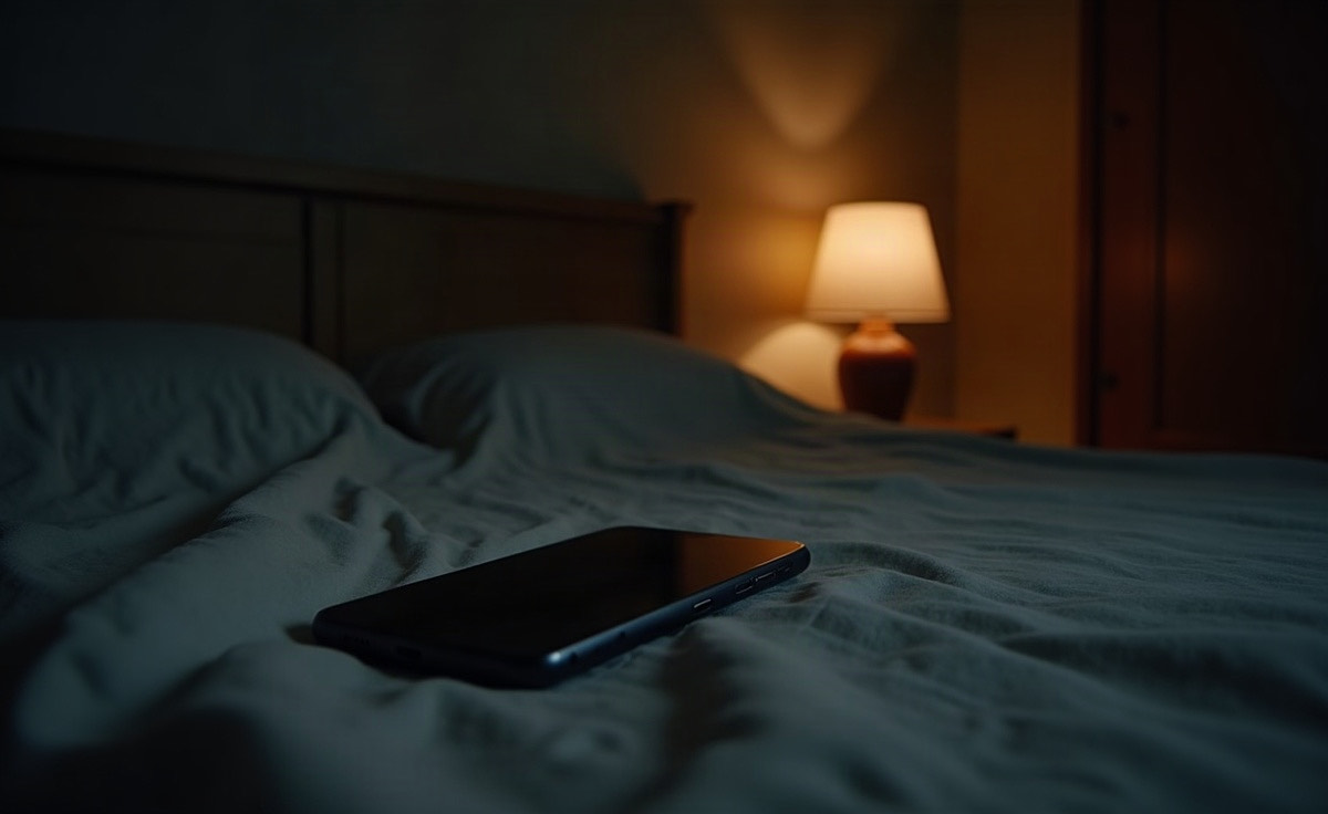 A phone lying screen-down on a rumpled bed cover in a dark bedroom, one lamp lit in the corner.