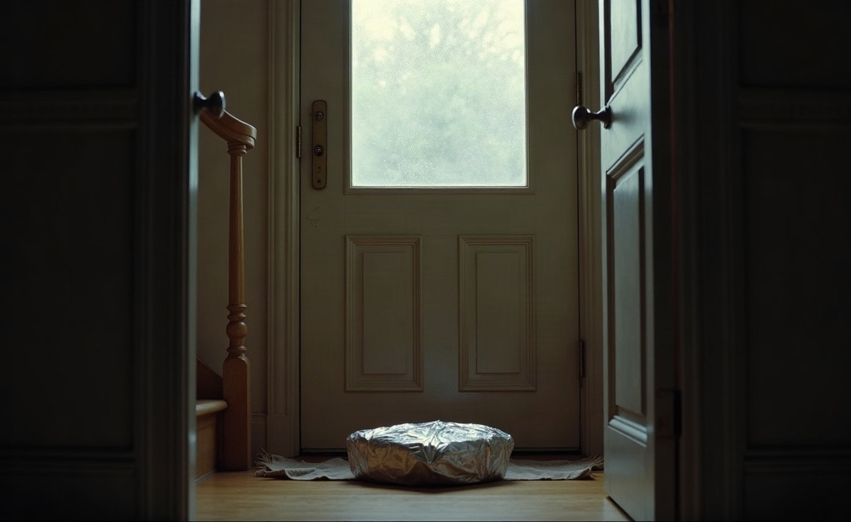 A foil-covered dish left on the floor just inside a front door, seen from a dim hallway with a muslin cloth folded over the bannister.