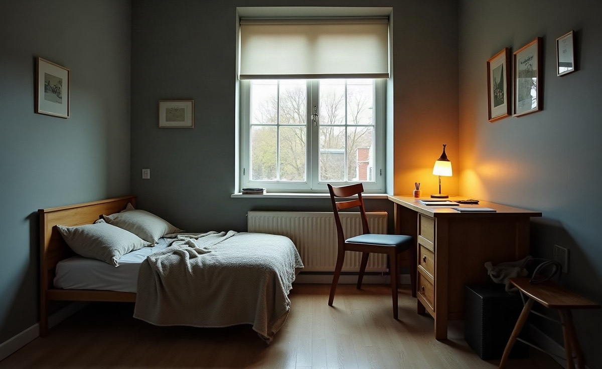 A small home office with a single guest bed made up in it and the desk pushed against the wall, lit by late afternoon light through a half-closed blind.