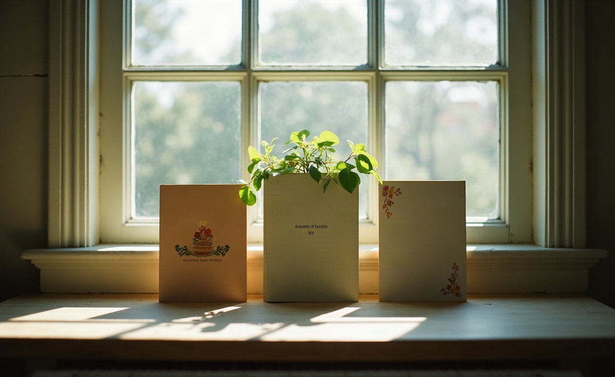 A kitchen windowsill with a row of old birthday cards standing behind a plant in morning light, some of them faded.
