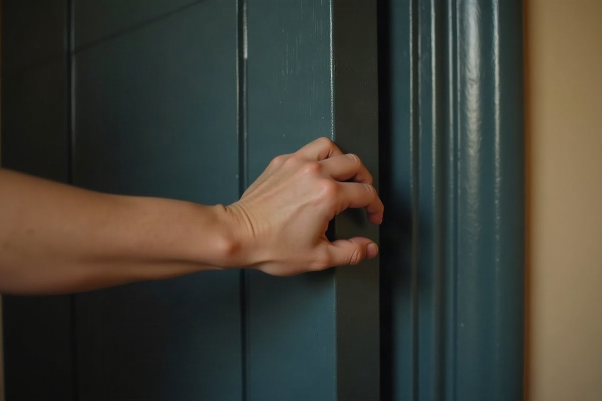 A woman's hand holding closed a dark painted wooden door, photographed from inside a warmly lit room.