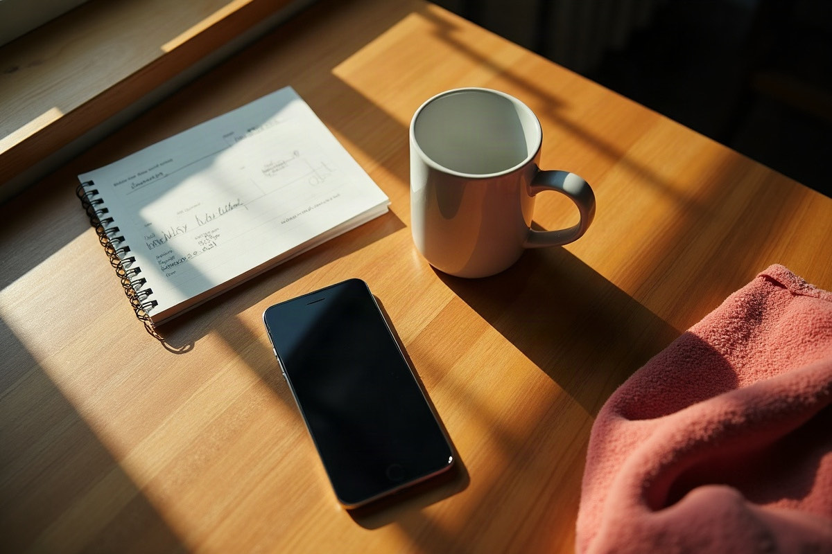 Overhead view of a kitchen table with two coffee mugs and a closed checkbook between them, lit by morning window light casting long shadows across the wood surface.