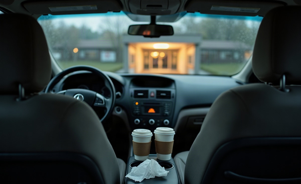 Two disposable coffee cups in the console of a parked car, a crumpled tissue beside them, the lit entrance of a hospital visible through the windshield at dusk.